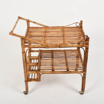 French Riviera Rectangular Bamboo and Rattan Trolley Bar Cart, France, 1960s-JDR-1126102