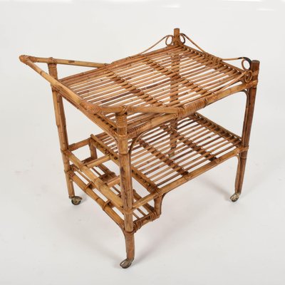 French Riviera Rectangular Bamboo and Rattan Trolley Bar Cart, France, 1960s-JDR-1126102