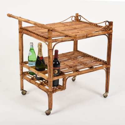 French Riviera Rectangular Bamboo and Rattan Trolley Bar Cart, France, 1960s-JDR-1126102