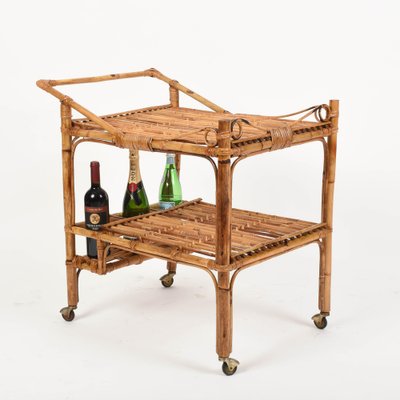 French Riviera Rectangular Bamboo and Rattan Trolley Bar Cart, France, 1960s-JDR-1126102