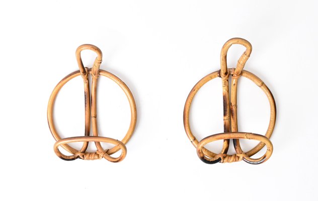 French Riviera Round Coat Hooks in Rattan and Wicker, Italy, 1960s, Set of 2-JDR-1798570