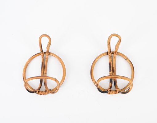 French Riviera Round Coat Hooks in Rattan and Wicker, Italy, 1960s, Set of 2-JDR-1798570