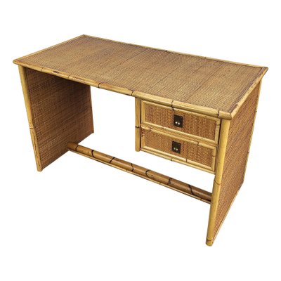 French Riviera Writing Desk in Bamboo, Rattan and Brass from Dal Vera, Italy, 1960s-EUP-1419049