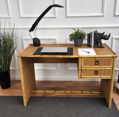 French Riviera Writing Desk in Bamboo, Rattan and Brass from Dal Vera, Italy, 1960s-EUP-1419049