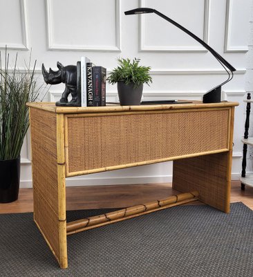 French Riviera Writing Desk in Bamboo, Rattan and Brass from Dal Vera, Italy, 1960s-EUP-1419049