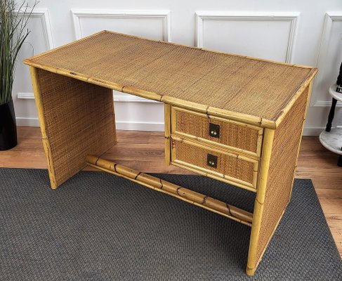 French Riviera Writing Desk in Bamboo, Rattan and Brass from Dal Vera, Italy, 1960s-EUP-1419049