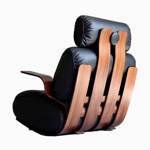 French Rocking Chair in Plywood and Leather, 1970s-MO-946204