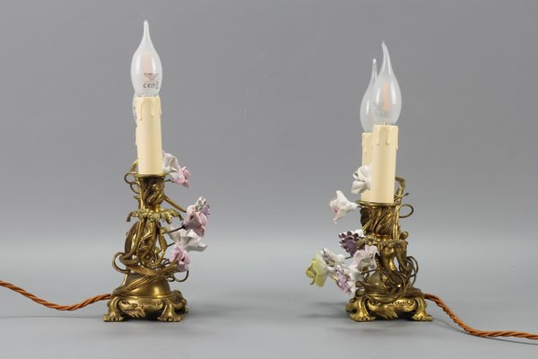 French Rococo Gilt Bronze and Porcelain Flowers Table Lamps, 1950s, Set of 2-KEG-1385077