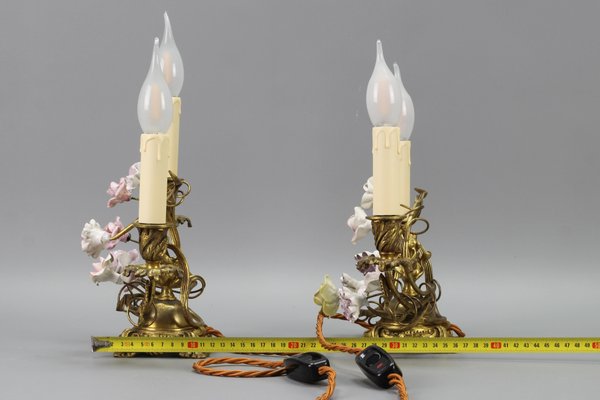 French Rococo Gilt Bronze and Porcelain Flowers Table Lamps, 1950s, Set of 2-KEG-1385077