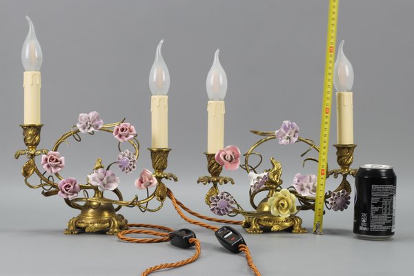 French Rococo Gilt Bronze and Porcelain Flowers Table Lamps, 1950s, Set of 2-KEG-1385077