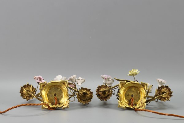 French Rococo Gilt Bronze and Porcelain Flowers Table Lamps, 1950s, Set of 2-KEG-1385077