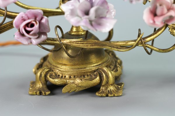 French Rococo Gilt Bronze and Porcelain Flowers Table Lamps, 1950s, Set of 2-KEG-1385077