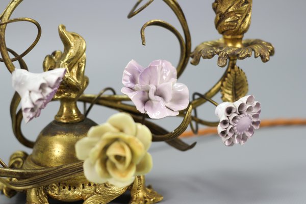 French Rococo Gilt Bronze and Porcelain Flowers Table Lamps, 1950s, Set of 2-KEG-1385077