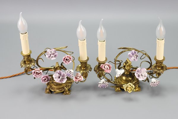 French Rococo Gilt Bronze and Porcelain Flowers Table Lamps, 1950s, Set of 2-KEG-1385077