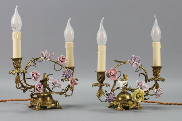 French Rococo Gilt Bronze and Porcelain Flowers Table Lamps, 1950s, Set of 2-KEG-1385077