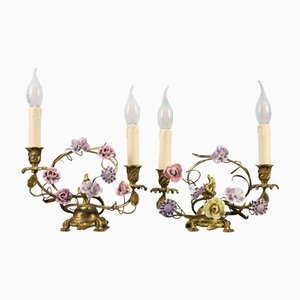 French Rococo Gilt Bronze and Porcelain Flowers Table Lamps, 1950s, Set of 2-KEG-1385077