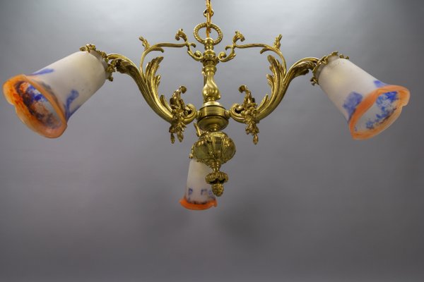 French Rococo Style Bronze and Noverdy Glass Three-Light Chandelier, 1920-KEG-1734560