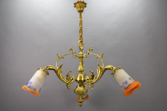 French Rococo Style Bronze and Noverdy Glass Three-Light Chandelier, 1920