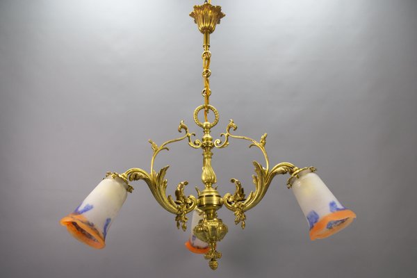 French Rococo Style Bronze and Noverdy Glass Three-Light Chandelier, 1920-KEG-1734560