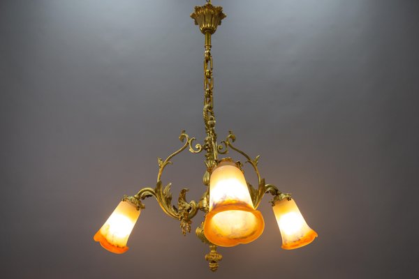 French Rococo Style Bronze and Noverdy Glass Three-Light Chandelier, 1920-KEG-1734560