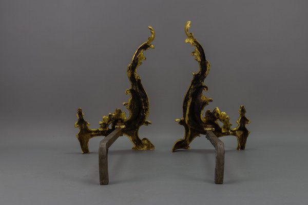 French Rococo Style Gilt Bronze and Iron Firedogs, 1890s, Set of 2-KEG-1717716