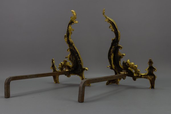 French Rococo Style Gilt Bronze and Iron Firedogs, 1890s, Set of 2-KEG-1717716