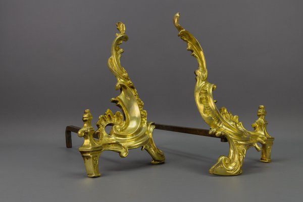 French Rococo Style Gilt Bronze and Iron Firedogs, 1890s, Set of 2-KEG-1717716