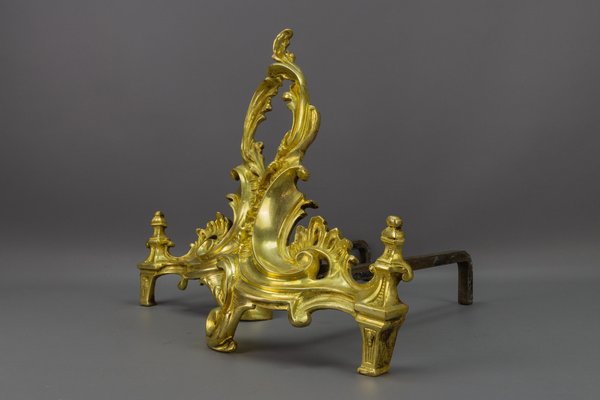 French Rococo Style Gilt Bronze and Iron Firedogs, 1890s, Set of 2-KEG-1717716