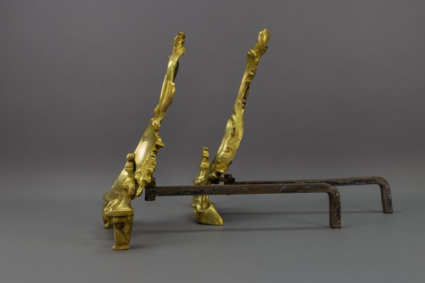 French Rococo Style Gilt Bronze and Iron Firedogs, 1890s, Set of 2-KEG-1717716