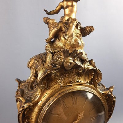 French Rococo Style Golden Brass Mechanical Clock by D. Masson, 1950-PWG-2034794