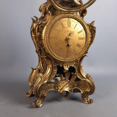 French Rococo Style Golden Brass Mechanical Clock by D. Masson, 1950-PWG-2034794