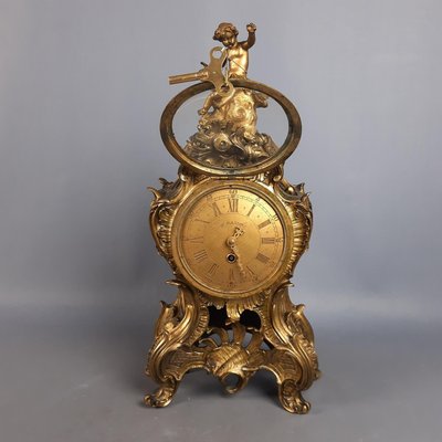 French Rococo Style Golden Brass Mechanical Clock by D. Masson, 1950-PWG-2034794