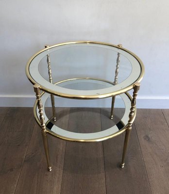 French Round Brass Side Table with Glass Shelves Surrounded by Silvered Mirror, 1970s-BA-697574