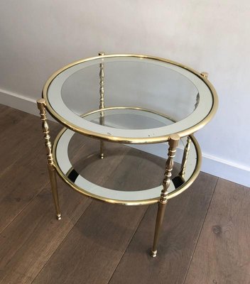 French Round Brass Side Table with Glass Shelves Surrounded by Silvered Mirror, 1970s-BA-697574