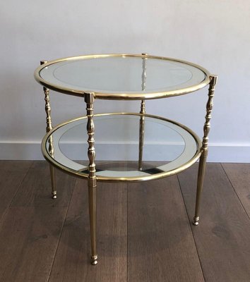 French Round Brass Side Table with Glass Shelves Surrounded by Silvered Mirror, 1970s-BA-697574