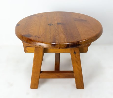 French Round Pine Coffee Table with Drawer, 1970s-RIU-1329246