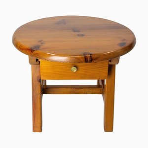 French Round Pine Coffee Table with Drawer, 1970s-RIU-1329246