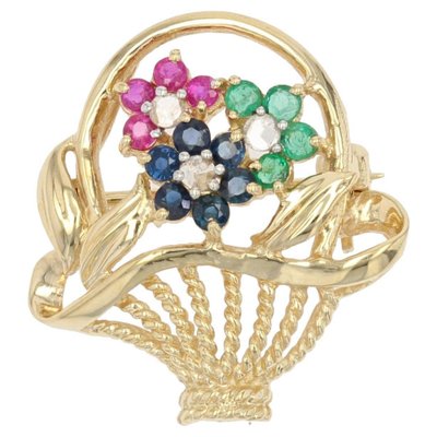 French Ruby Sapphire Emerald 18 Karat Yellow Gold Bouquet Brooch, 1960s-OLU-1388176