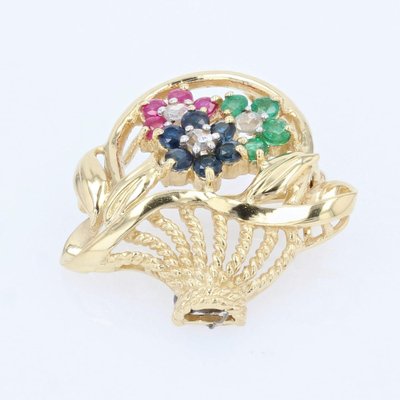 French Ruby Sapphire Emerald 18 Karat Yellow Gold Bouquet Brooch, 1960s-OLU-1388176