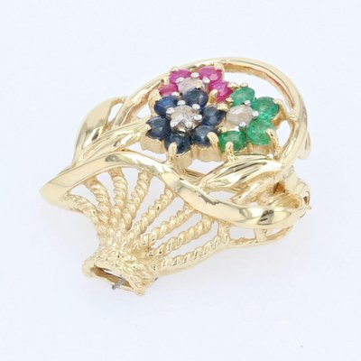 French Ruby Sapphire Emerald 18 Karat Yellow Gold Bouquet Brooch, 1960s-OLU-1388176