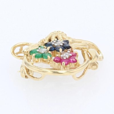 French Ruby Sapphire Emerald 18 Karat Yellow Gold Bouquet Brooch, 1960s-OLU-1388176