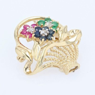 French Ruby Sapphire Emerald 18 Karat Yellow Gold Bouquet Brooch, 1960s-OLU-1388176