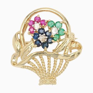 French Ruby Sapphire Emerald 18 Karat Yellow Gold Bouquet Brooch, 1960s-OLU-1388176