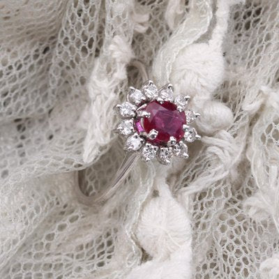 French Ruby & White Sapphires 18 Karat White Gold Daisy Ring, 1970s-OLU-1762599