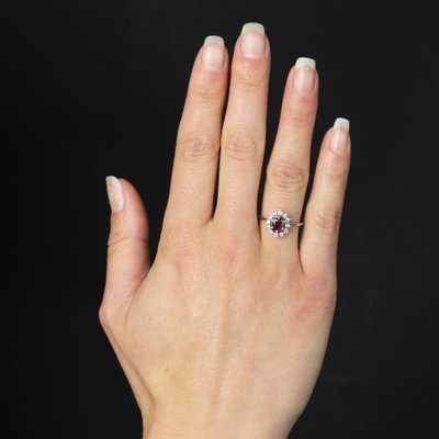 French Ruby & White Sapphires 18 Karat White Gold Daisy Ring, 1970s-OLU-1762599