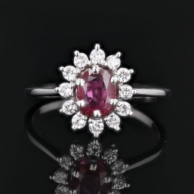 French Ruby & White Sapphires 18 Karat White Gold Daisy Ring, 1970s-OLU-1762599