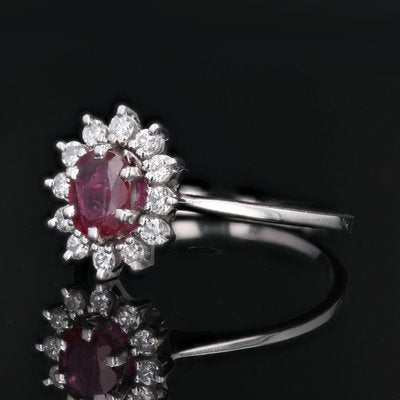 French Ruby & White Sapphires 18 Karat White Gold Daisy Ring, 1970s-OLU-1762599