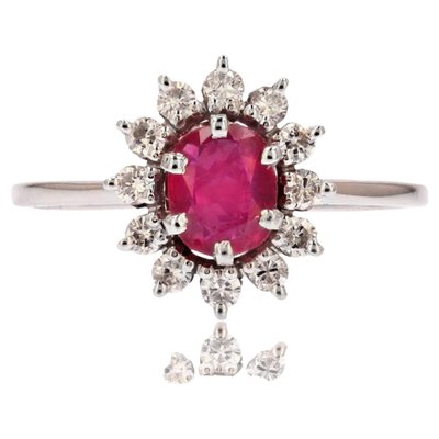 French Ruby & White Sapphires 18 Karat White Gold Daisy Ring, 1970s-OLU-1762599