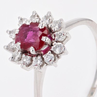 French Ruby & White Sapphires 18 Karat White Gold Daisy Ring, 1970s-OLU-1762599