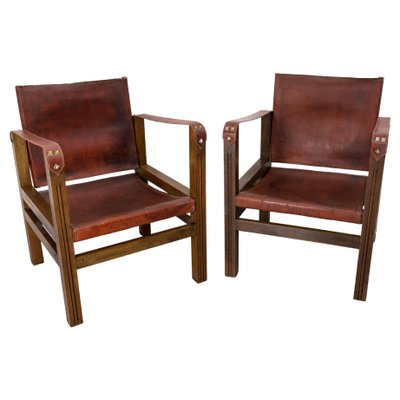 French Safari Style Chairs in Leather and Beech, 1940, Set of 2-RIU-1427415